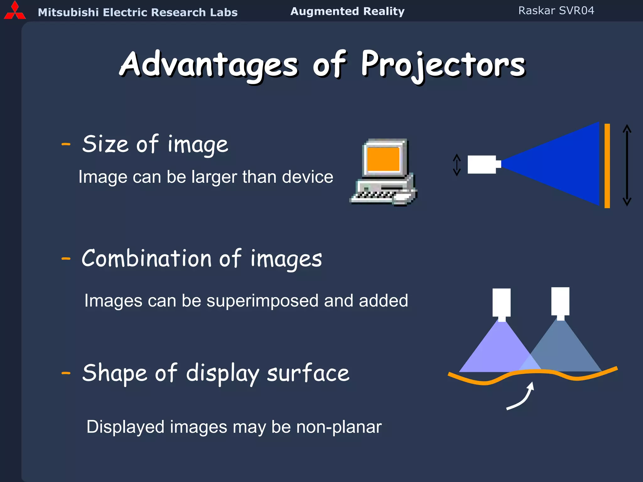 Advantages of Projectors Size of image Combination of images Shape of display surface Image can be larger than device Images can be superimposed and added Displayed images may be non-planar 