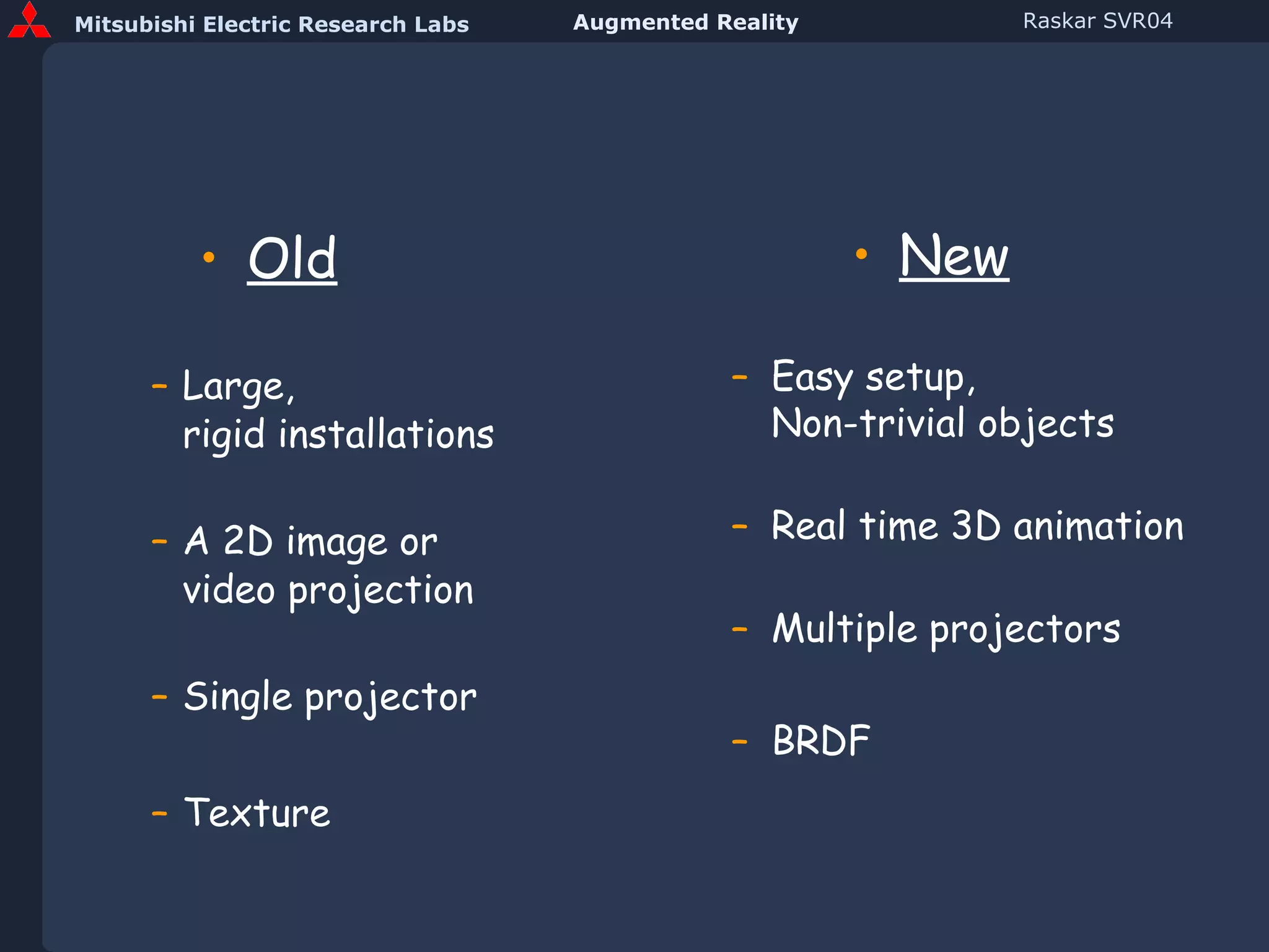Old Large,  rigid installations A 2D image or  video projection Single projector Texture New Easy setup, Non-trivial objects Real time 3D animation Multiple projectors BRDF 