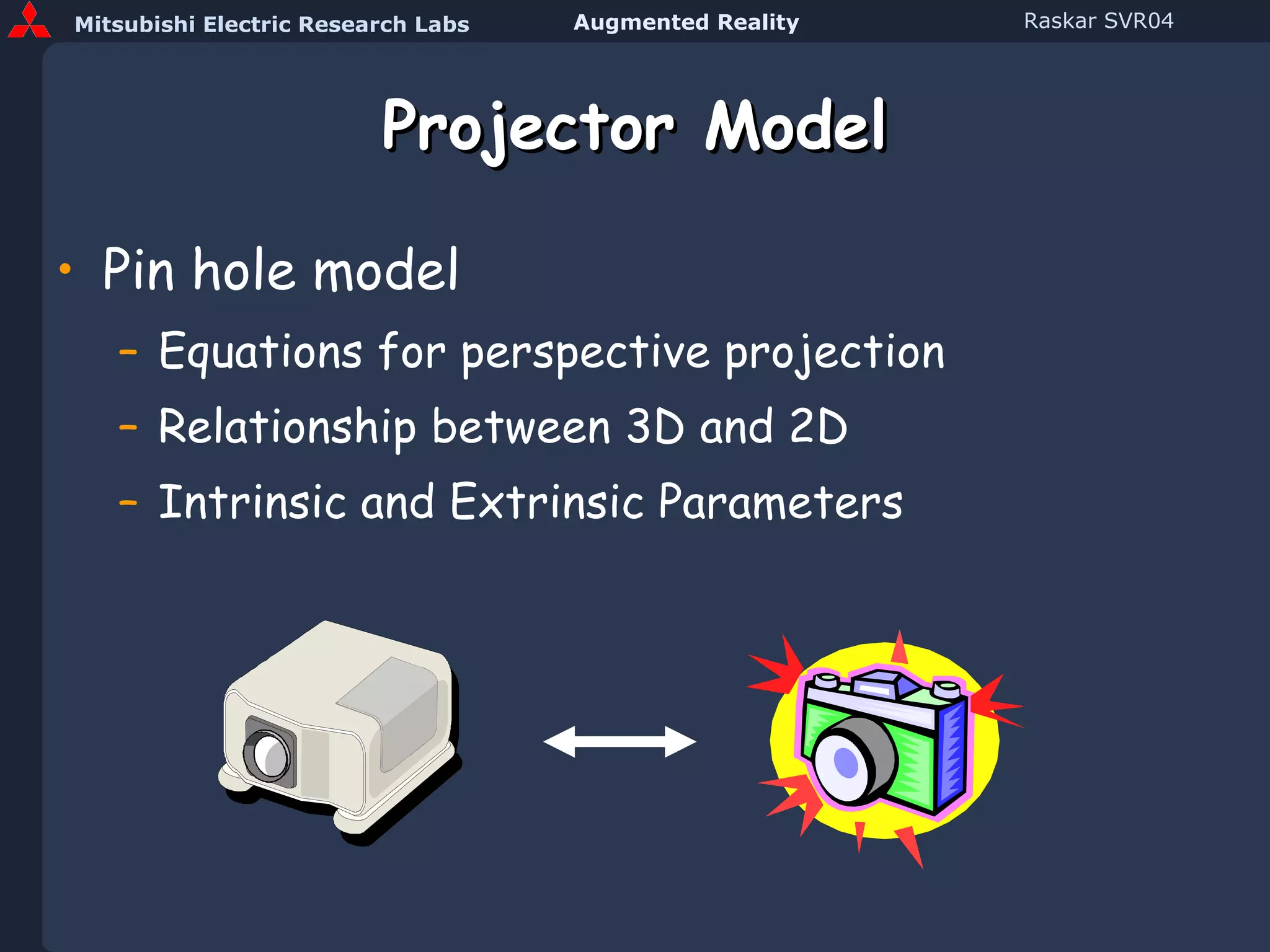 Projector Model Pin hole model Equations for perspective projection Relationship between 3D and 2D Intrinsic and Extrinsic Parameters 
