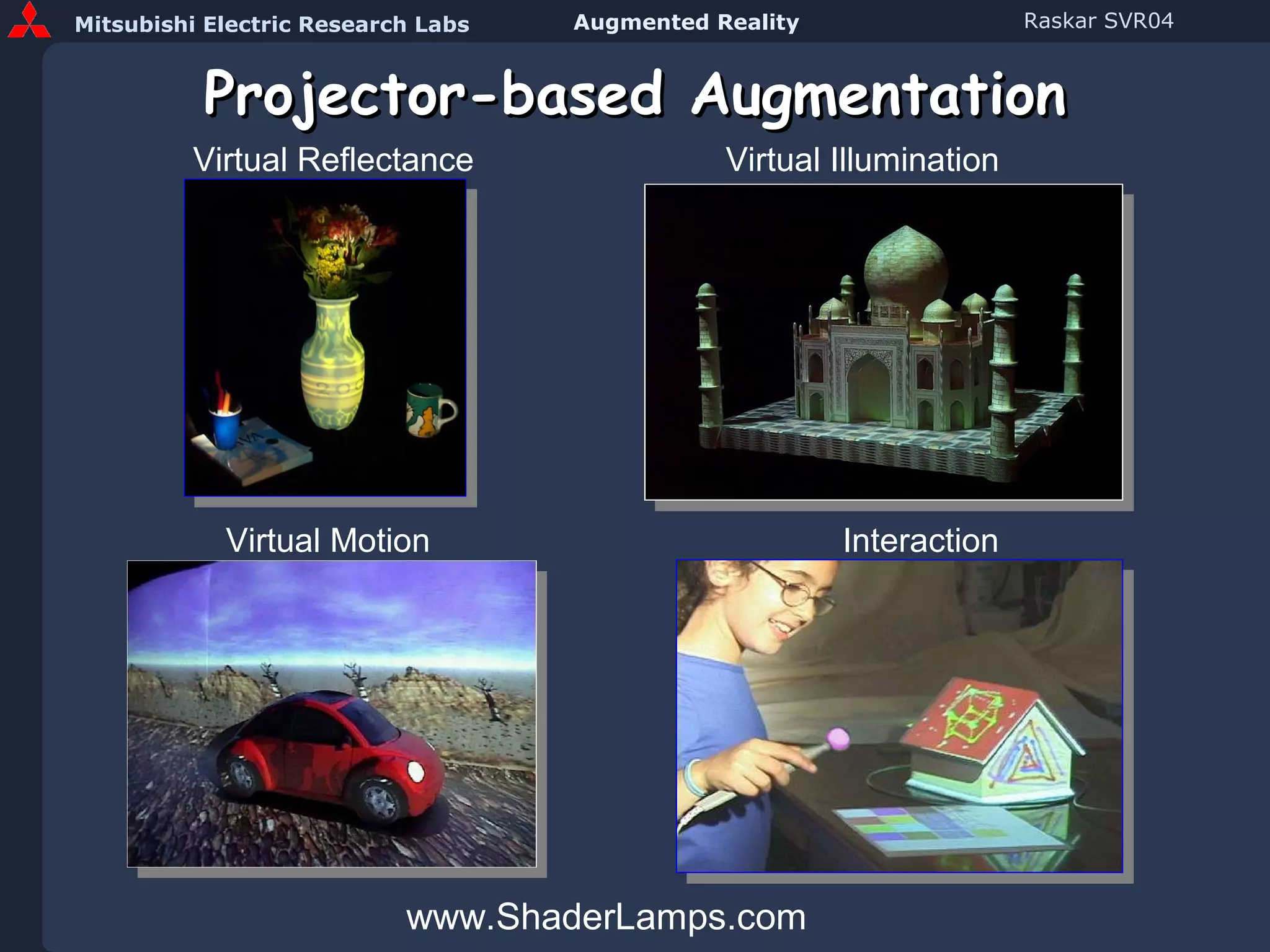 Projector-based Augmentation www.ShaderLamps.com Virtual Reflectance Virtual Illumination Interaction Virtual Motion 