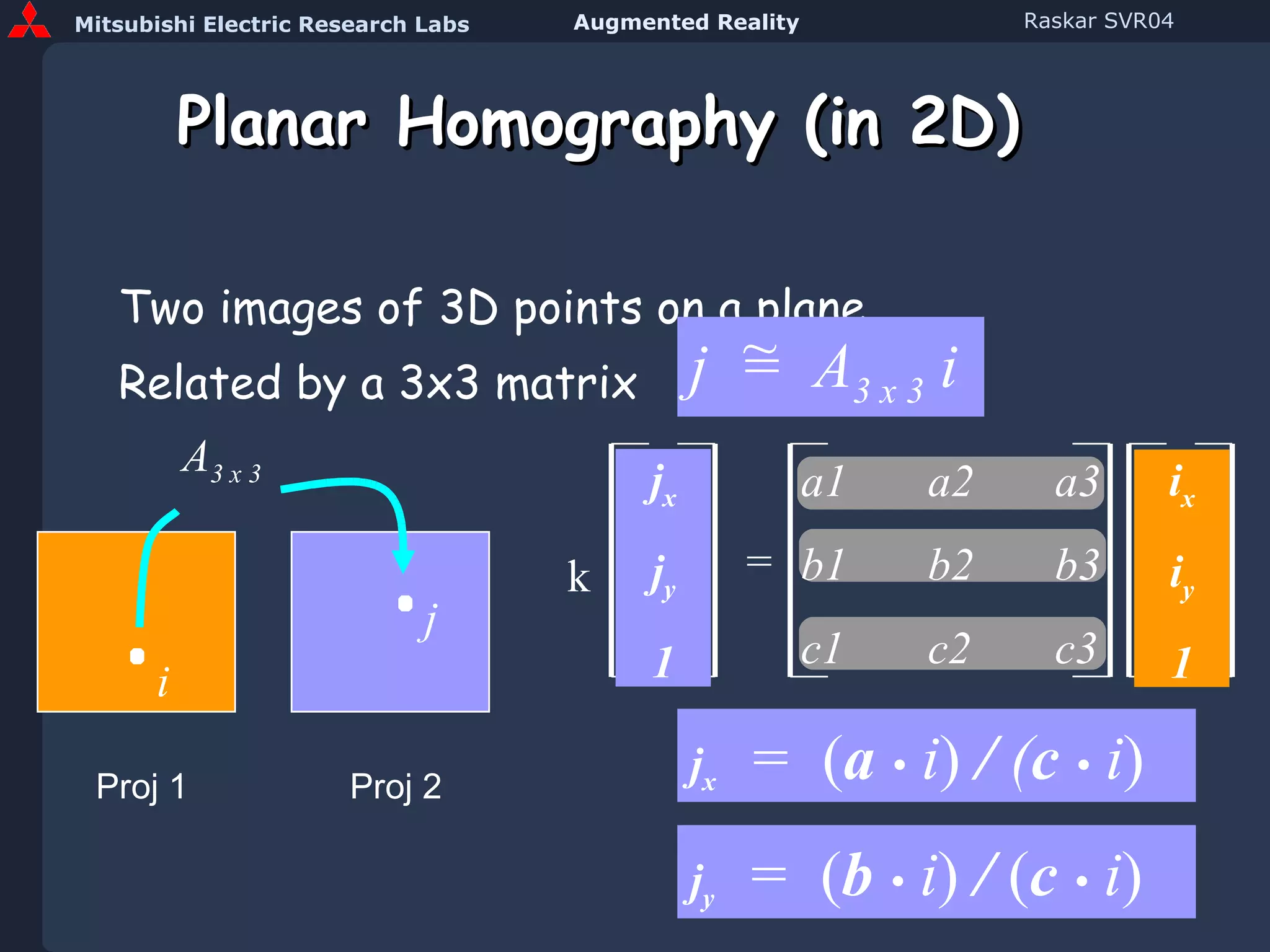 Planar Homography (in 2D) Two images of 3D points on a plane  Related by a 3x3 matrix a1 a2 a3 b1 b2 b3 c1 c2 c3 Proj 1 A 3 x 3 Proj 2 i j j x j y 1 j  =  A 3 x 3  i ~ = i x i y 1 k j x   =  ( a  •   i )   /  ( c  •   i ) j y   =  ( b  •   i )   /  ( c  •   i )   