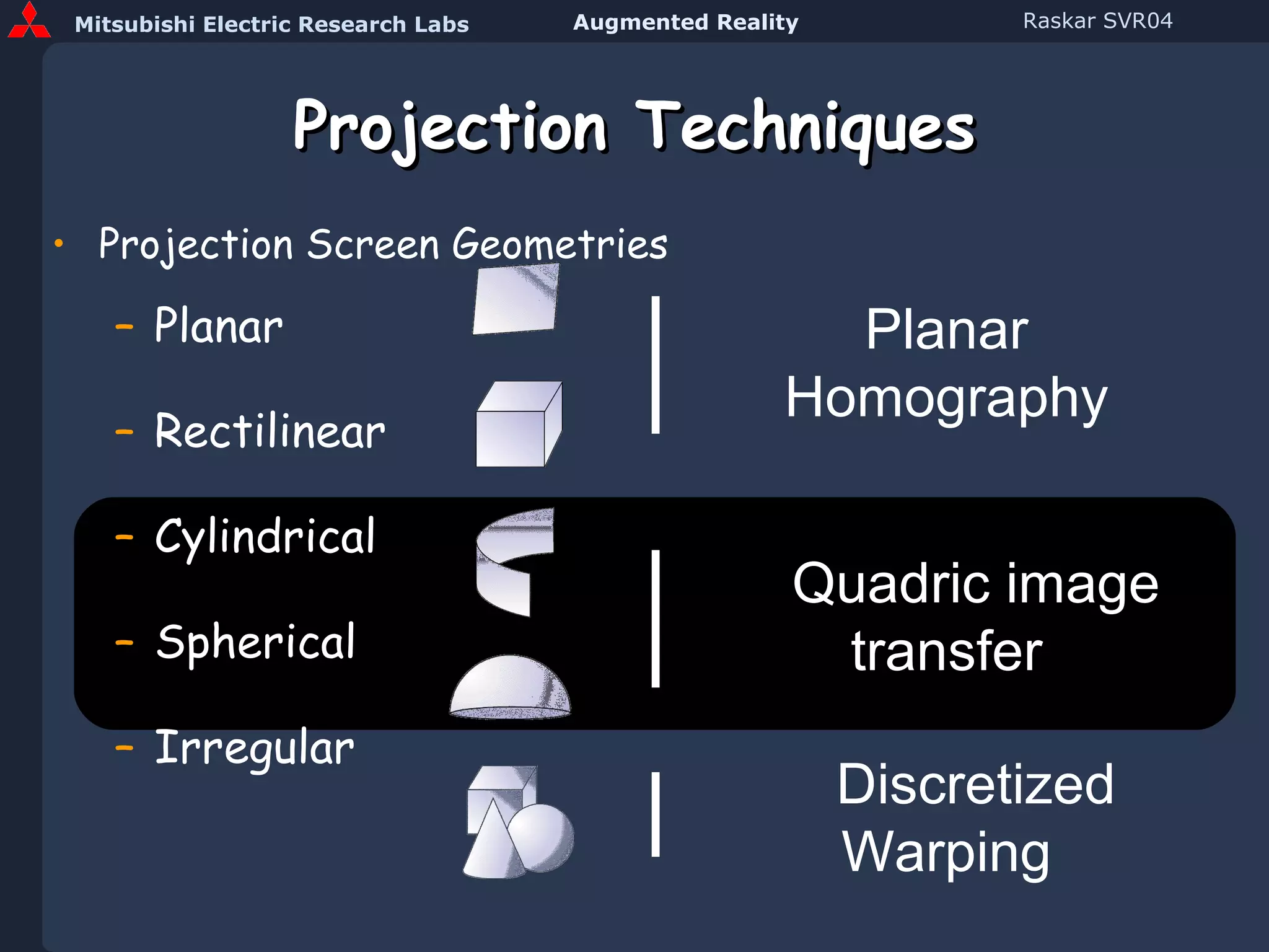 Projection Techniques Projection Screen Geometries Planar Rectilinear Cylindrical Spherical Irregular Planar Homography Quadric image transfer Discretized Warping 