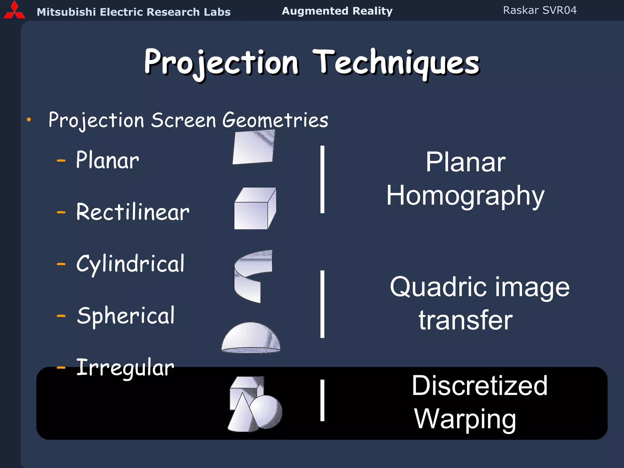 Projection Techniques Projection Screen Geometries Planar Rectilinear Cylindrical Spherical Irregular Planar Homography Quadric image transfer Discretized Warping 