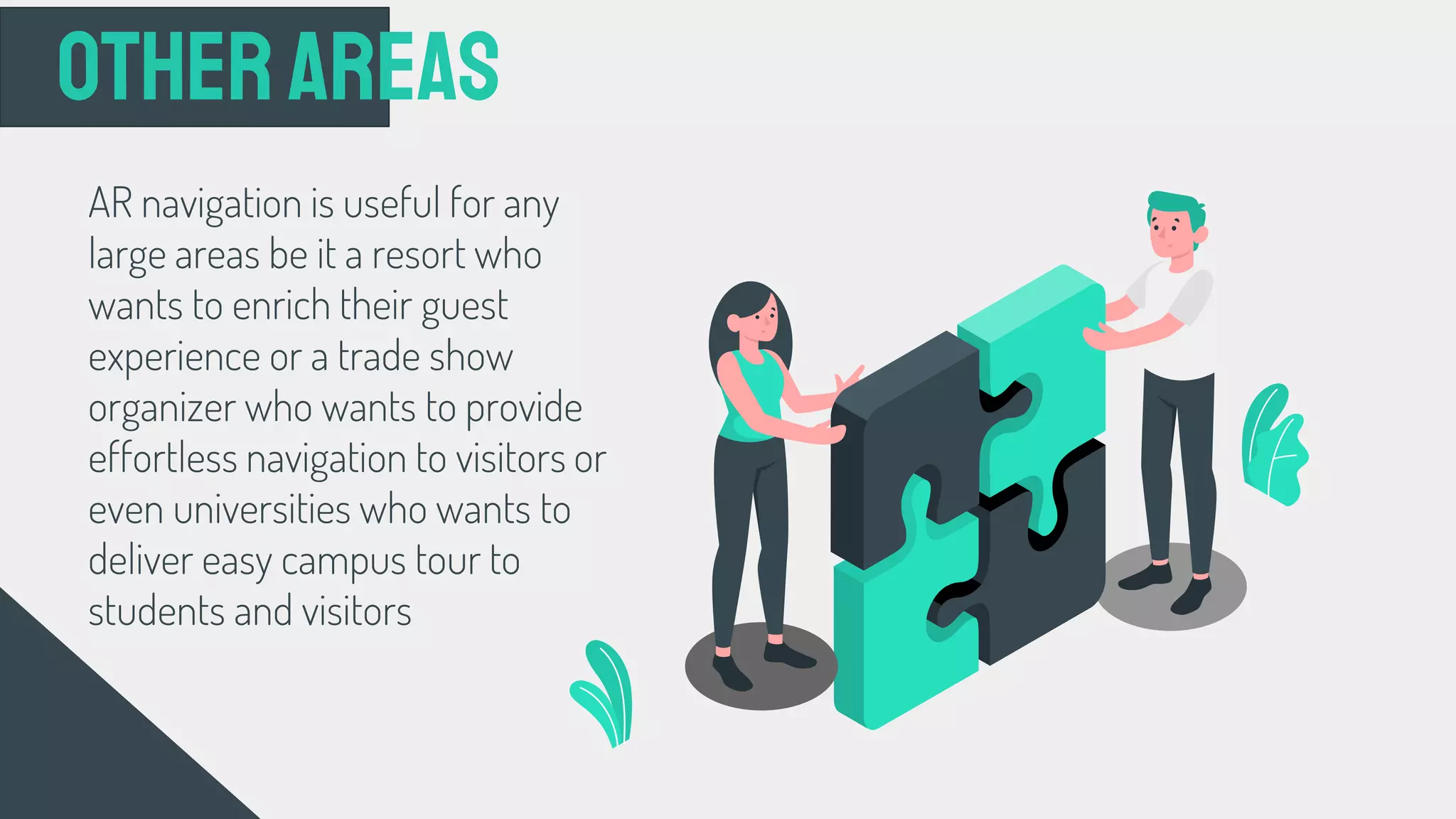 Otherareas
AR navigation is useful for any
large areas be it a resort who
wants to enrich their guest
experience or a trade show
organizer who wants to provide
effortless navigation to visitors or
even universities who wants to
deliver easy campus tour to
students and visitors
 