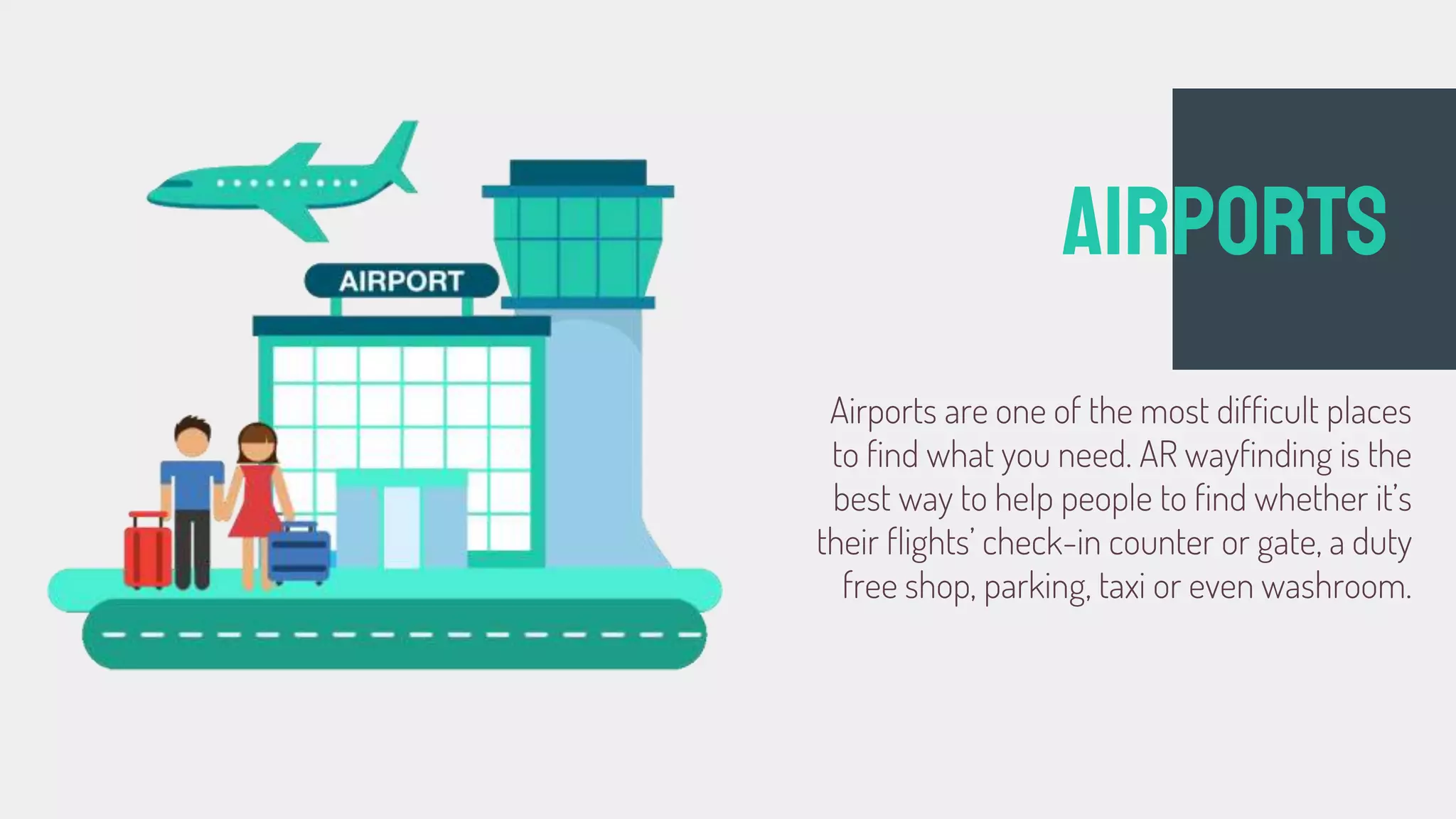 Airports
Airports are one of the most difficult places
to find what you need. AR wayfinding is the
best way to help people to find whether it’s
their flights’ check-in counter or gate, a duty
free shop, parking, taxi or even washroom.
 