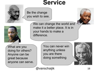 Service 
Be the change 
you wish to see. 
We can change the world and 
make it a better place. It is in 
your hands to make a 
difference. 
What are you 
doing for others? 
Anyone can be 
great because 
anyone can serve. 
You can never win 
anything unless 
you are there 
doing something 
@vanschaijik 18 
 