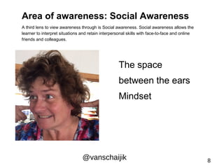 Area of awareness: Social Awareness 
A third lens to view awareness through is Social awareness. Social awareness allows the 
learner to interpret situations and retain interpersonal skills with face-to-face and online 
friends and colleagues. 
The space 
between the ears 
Mindset 
@vanschaijik 8 
 