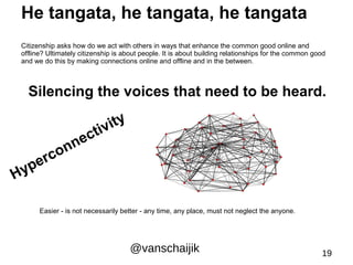 He tangata, he tangata, he tangata 
Citizenship asks how do we act with others in ways that enhance the common good online...