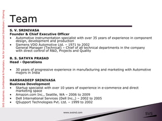 Team S. V. SRINIVASA Founder & Chief Executive Officer Automotive instrumentation specialist with over 35 years of experience in component design, development and production Siemens VDO Automotive Ltd. – 1971 to 2002 General Manager (Technical) – Chief of all technical departments in the company with direct control of R&D, Projects and Quality B. S. SATHYA PRASAD Head - Operations 30 years of progressive experience in manufacturing and marketing with Automotive majors in India HARSHADEEP SRINIVASA Business Development Startup specialist with over 10 years of experience in e-commerce and direct marketing space Amazon.com Inc., Seattle, WA – 2006 to 2009 Dell International Services (Dell Inc.,) – 2002 to 2005 QSupport Technologies Pvt. Ltd. – 1999 to 2002 www.svsind.com 