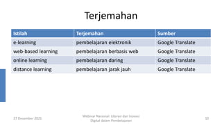 Terjemahan
Istilah Terjemahan Sumber
e-learning pembelajaran elektronik Google Translate
web-based learning pembelajaran berbasis web Google Translate
online learning pembelajaran daring Google Translate
distance learning pembelajaran jarak jauh Google Translate
27 Desember 2021
Webinar Nasional: Literasi dan Inovasi
Digital dalam Pembelajaran
10
 