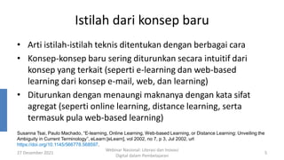 Istilah dari konsep baru
• Arti istilah-istilah teknis ditentukan dengan berbagai cara
• Konsep-konsep baru sering diturunkan secara intuitif dari
konsep yang terkait (seperti e-learning dan web-based
learning dari konsep e-mail, web, dan learning)
• Diturunkan dengan menaungi maknanya dengan kata sifat
agregat (seperti online learning, distance learning, serta
termasuk pula web-based learning)
27 Desember 2021
Webinar Nasional: Literasi dan Inovasi
Digital dalam Pembelajaran
5
Susanna Tsai, Paulo Machado, “E-learning, Online Learning, Web-based Learning, or Distance Learning: Unveiling the
Ambiguity in Current Terminology”, eLearn [eLearn], vol 2002, no 7, p 3, Jul 2002, url
https://doi.org/10.1145/566778.568597.
 