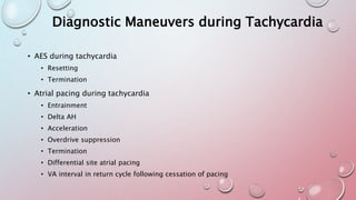 Diagnostic Maneuvers during Tachycardia
• AES during tachycardia
• Resetting
• Termination
• Atrial pacing during tachycardia
• Entrainment
• Delta AH
• Acceleration
• Overdrive suppression
• Termination
• Differential site atrial pacing
• VA interval in return cycle following cessation of pacing
 