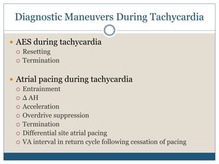 Diagnostic Maneuvers During Tachycardia
 AES during tachycardia
 Resetting
 Termination
 Atrial pacing during tachycardia
 Entrainment
 Δ AH
 Acceleration
 Overdrive suppression
 Termination
 Differential site atrial pacing
 VA interval in return cycle following cessation of pacing
 