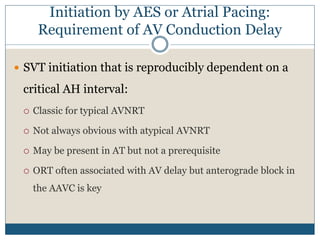 Initiation by AES or Atrial Pacing:
Requirement of AV Conduction Delay
 SVT initiation that is reproducibly dependent on a
critical AH interval:
 Classic for typical AVNRT
 Not always obvious with atypical AVNRT
 May be present in AT but not a prerequisite
 ORT often associated with AV delay but anterograde block in
the AAVC is key
 