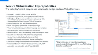 Service Virtualization key capabilities
The industry’s most easy-to-use solution to design and run Virtual Services
• Intr...