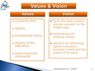   Customer first         To be the most creative
                            solution provider for the
   Quality                 mobile apps

                           Anticipating and
   Professional ethics     enabling change

   Dignity of the         Admired for technology,
    individual              agility, innovation,
                            business models and the
   Good corporate          quality of its talent
    citizenship



                             www.svtechsolutions.com   2/19/2013   4
 