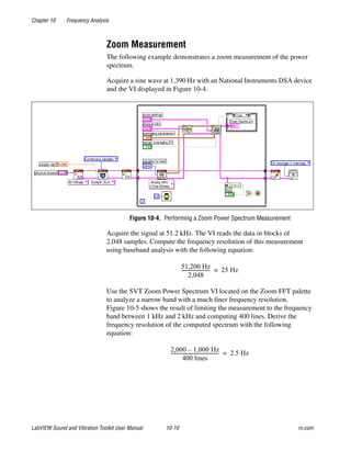 Chapter 10 Frequency Analysis
LabVIEW Sound and Vibration Toolkit User Manual 10-10 ni.com
Zoom Measurement
The following example demonstrates a zoom measurement of the power
spectrum.
Acquire a sine wave at 1,390 Hz with an National Instruments DSA device
and the VI displayed in Figure 10-4.
Figure 10-4. Performing a Zoom Power Spectrum Measurement
Acquire the signal at 51.2 kHz. The VI reads the data in blocks of
2,048 samples. Compute the frequency resolution of this measurement
using baseband analysis with the following equation:
Use the SVT Zoom Power Spectrum VI located on the Zoom FFT palette
to analyze a narrow band with a much finer frequency resolution.
Figure 10-5 shows the result of limiting the measurement to the frequency
band between 1 kHz and 2 kHz and computing 400 lines. Derive the
frequency resolution of the computed spectrum with the following
equation:
51,200 Hz
2,048
------------------------- 25 Hz=
2,000 1,000 Hz–
400 lines
----------------------------------------- 2.5 Hz=
 