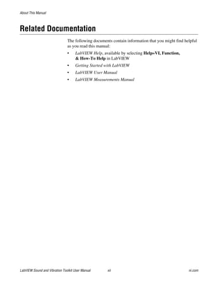 About This Manual
LabVIEW Sound and Vibration Toolkit User Manual xii ni.com
Related Documentation
The following documents contain information that you might find helpful
as you read this manual:
• LabVIEW Help, available by selecting Help»VI, Function,
& How-To Help in LabVIEW
• Getting Started with LabVIEW
• LabVIEW User Manual
• LabVIEW Measurements Manual
 