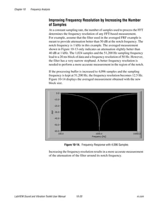 Chapter 10 Frequency Analysis
LabVIEW Sound and Vibration Toolkit User Manual 10-20 ni.com
Improving Frequency Resolution by Increasing the Number
of Samples
At a constant sampling rate, the number of samples used to process the FFT
determines the frequency resolution of any FFT-based measurement.
For example, assume that the filter used in the averaged FRF example is
meant to provide attenuation better than 50 dB at the notch frequency. The
notch frequency is 1 kHz in this example. The averaged measurement
shown in Figure 10-13 only indicates an attenuation slightly better than
40 dB at 1 kHz. The 1,024 samples and the 51,200 Hz sampling frequency
lead to a 20 ms block of data and a frequency resolution of 50 Hz. However,
the filter has a very narrow stopband. A better frequency resolution is
needed to perform a more accurate measurement in the region of the notch.
If the processing buffer is increased to 4,096 samples and the sampling
frequency is kept at 51,200 Hz, the frequency resolution becomes 12.5 Hz.
Figure 10-14 displays the averaged measurement obtained with the new
block size.
Figure 10-14. Frequency Response with 4,096 Samples
Increasing the frequency resolution results in a more accurate measurement
of the attenuation of the filter around its notch frequency.
 