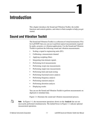 © National Instruments Corporation 1-1 LabVIEW Sound and Vibration Toolkit User Manual
1Introduction
This chapter introduces the Sound and Vibration Toolkit, the toolkit
functions and controls palettes, and where to find examples to help you get
started.
Sound and Vibration Toolkit
The Sound and Vibration Toolkit is a collection of virtual instruments (VIs)
for LabVIEW that you can use to perform typical measurements required
by audio, acoustics, or vibration applications. Use the Sound and Vibration
Toolkit to perform the following sound and vibration measurements:
• Scaling a signal to engineering units (EU)
• Calibrating a measurement channel
• Applying weighting filters
• Integrating time-domain signals
• Performing level measurements
• Performing swept-sine measurements
• Performing single-tone measurements
• Performing limit and mask testing
• Performing fractional-octave analysis
• Performing frequency analysis
• Performing transient analysis
• Performing distortion analysis
• Displaying results
You can use the Sound and Vibration Toolkit to perform measurements on
digitized or simulated data.
Figure 1-1 illustrates the sound and vibration measurement process.
Note In Figure 1-1, the measurement operations shown on the Analysis line are not
necessarily performed simultaneously. The dashed boxes in Figure 1-1 indicate optional
measurement operations.
 