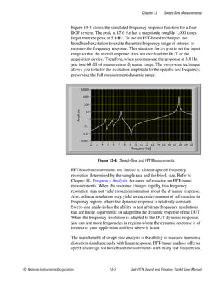 Chapter 13 Swept-Sine Measurements
© National Instruments Corporation 13-5 LabVIEW Sound and Vibration Toolkit User Manual
Figure 13-4 shows the simulated frequency response function for a four
DOF system. The peak at 17.6 Hz has a magnitude roughly 1,000 times
larger than the peak at 5.8 Hz. To use an FFT-based technique, use
broadband excitation to excite the entire frequency range of interest to
measure the frequency response. This situation forces you to set the input
range so that the overall response does not overload the DUT or the
acquisition device. Therefore, when you measure the response at 5.8 Hz,
you lose 60 dB of measurement dynamic range. The swept-sine technique
allows you to tailor the excitation amplitude to the specific test frequency,
preserving the full measurement dynamic range.
Figure 13-4. Swept-Sine and FFT Measurements
FFT-based measurements are limited to a linear-spaced frequency
resolution determined by the sample rate and the block size. Refer to
Chapter 10, Frequency Analysis, for more information on FFT-based
measurements. When the response changes rapidly, this frequency
resolution may not yield enough information about the dynamic response.
Also, a linear resolution may yield an excessive amount of information in
frequency regions where the dynamic response is relatively constant.
Swept-sine analysis has the ability to test arbitrary frequency resolutions
that are linear, logarithmic, or adapted to the dynamic response of the DUT.
When the frequency resolution is adapted to the DUT dynamic response,
you can test more frequencies in regions where the dynamic response is of
interest to your application and less where it is not.
The main benefit of swept-sine analysis is the ability to measure harmonic
distortion simultaneously with linear response. FFT-based analysis offers a
speed advantage for broadband measurements with many test frequencies.
 