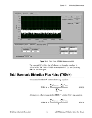 Chapter 14 Distortion Measurements
© National Instruments Corporation 14-5 LabVIEW Sound and Vibration Toolkit User Manual
Figure 14-3. Front Panel of SINAD Measurement VI
The reported SINAD for the left channel of the audio equalizer is
SINAD=73.4 dB, 20 Hz–20 kHz, test amplitude 2 Vpk, test frequency
400 Hz, and unity gain.
Total Harmonic Distortion Plus Noise (THD+N)
You can define THD+N with the following equation:
(14-1)
Alternatively, other sources define THD+N with the following equation:
(14-2)
THD+N
PHarmonics∑ PNoise∑+
PTotal∑
-----------------------------------------------------------=
THD+N
PHarmonics∑ PNoise∑+
F
-----------------------------------------------------------=
 