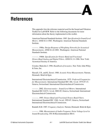 © National Instruments Corporation A-1 LabVIEW Sound and Vibration Toolkit User Manual
AReferences
This appendix lists the reference material used for the Sound and Vibration
Toolkit for LabVIEW. Refer to the following documents for more
information about the theory implemented in this toolkit.
American National Standards Institute. 1983. Specification for Sound Level
Meters. ANSI S1.4-1983. Washington: American National Standards
Institute.
———. 1986a. Design Response of Weighting Networks for Acoustical
Measurements. ANSI S1.42-2001. Washington: American National
Standards Institute.
———. 1986b. Specification for Octave-Band and Fractional
Octave-Band Analog and Digital Filters. ANSI S1.11-1986. New York:
Acoustical Society of America.
Crocker, Malcolm J. 1998. Handbook of Acoustics. New York: John Wiley
& Sons, Inc.
Hassall, J. R., and K. Zaveri. 1988. Acoustic Noise Measurements. Nærum,
Denmark: Brüel & Kjær.
International Electrotechnical Commission. 1975. Preferred Frequencies
for Measurements. International Standard IEC 266, 1st ed. 1975-07-15.
Geneva, Switzerland: International Electrotechnical Commission.
———. 2002. Electroacoustics - Sound Level Meters. International
Standard IEC 61672, 1st ed, 2002-05. Geneva, Switzerland: International
Electrotechnical Commission.
———. 1995. Octave-Band and Fractional Octave-Band Filters.
International Standard IEC 1260, 1st ed. 1995-07. Geneva, Switzerland:
International Electrotechnical Commission.
Randall, R.B. 1987. Frequency Analysis. Nærum, Denmark: Brüel & Kjær.
———. 1986. Measurement of Audio-Frequency Noise Voltage Level in
Sound Broadcasting. ITU-R Recommendation 468-4.
 