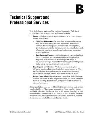 © National Instruments Corporation B-1 LabVIEW Sound and Vibration Toolkit User Manual
BTechnical Support and
Professional Services
Visit the following sections of the National Instruments Web site at
ni.com for technical support and professional services:
• Support—Online technical support resources at ni.com/support
include the following:
– Self-Help Resources—For immediate answers and solutions,
visit the award-winning National Instruments Web site for
software drivers and updates, a searchable KnowledgeBase,
product manuals, step-by-step troubleshooting wizards, thousands
of example programs, tutorials, application notes, instrument
drivers, and so on.
– Free Technical Support—All registered users receive free Basic
Service, which includes access to hundreds of Application
Engineers worldwide in the NI Developer Exchange at
ni.com/exchange. National Instruments Application Engineers
make sure every question receives an answer.
• Training and Certification—Visit ni.com/training for
self-paced training, eLearning virtual classrooms, interactive CDs,
and Certification program information. You also can register for
instructor-led, hands-on courses at locations around the world.
• System Integration—If you have time constraints, limited in-house
technical resources, or other project challenges, NI Alliance Program
members can help. To learn more, call your local NI office or visit
ni.com/alliance.
If you searched ni.com and could not find the answers you need, contact
your local office or NI corporate headquarters. Phone numbers for our
worldwide offices are listed at the front of this manual. You also can visit
the Worldwide Offices section of ni.com/niglobal to access the branch
office Web sites, which provide up-to-date contact information, support
phone numbers, email addresses, and current events.
 