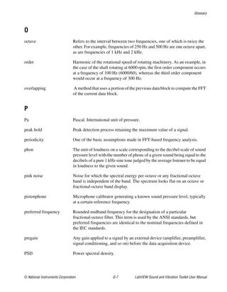 Glossary
© National Instruments Corporation G-7 LabVIEW Sound and Vibration Toolkit User Manual
O
octave Refers to the interval between two frequencies, one of which is twice the
other. For example, frequencies of 250 Hz and 500 Hz are one octave apart,
as are frequencies of 1 kHz and 2 kHz.
order Harmonic of the rotational speed of rotating machinery. As an example, in
the case of the shaft rotating at 6000 rpm, the first order component occurs
at a frequency of 100 Hz (6000/60), whereas the third order component
would occur at a frequency of 300 Hz.
overlapping A method that uses a portion of the previous data block to compute the FFT
of the current data block.
P
Pa Pascal. International unit of pressure.
peak hold Peak detection process retaining the maximum value of a signal.
periodicity One of the basic assumptions made in FFT-based frequency analysis.
phon The unit of loudness on a scale corresponding to the decibel scale of sound
pressure level with the number of phons of a given sound being equal to the
decibels of a pure 1 kHz sine tone judged by the average listener to be equal
in loudness to the given sound.
pink noise Noise for which the spectral energy per octave or any fractional-octave
band is independent of the band. The spectrum looks flat on an octave or
fractional-octave band display.
pistonphone Microphone calibrator generating a known sound pressure level, typically
at a certain reference frequency.
preferred frequency Rounded midband frequency for the designation of a particular
fractional-octave filter. This term is used by the ANSI standards, but
preferred frequencies are identical to the nominal frequencies defined in
the IEC standards.
pregain Any gain applied to a signal by an external device (amplifier, preamplifier,
signal conditioning, and so on) before the data acquisition device.
PSD Power spectral density.
 