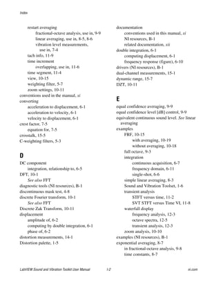 Index
LabVIEW Sound and Vibration Toolkit User Manual I-2 ni.com
restart averaging
fractional-octave analysis, use in, 9-9
linear averaging, use in, 8-5, 8-6
vibration level measurements,
use in, 7-4
tach info, 11-9
time increment
overlapping, use in, 11-6
time segment, 11-4
view, 10-15
weighting filter, 5-7
zoom settings, 10-11
conventions used in the manual, xi
converting
acceleration to displacement, 6-1
acceleration to velocity, 6-1
velocity to displacement, 6-1
crest factor, 7-5
equation for, 7-5
crosstalk, 15-5
C-weighting filters, 5-3
D
DC component
integration, relationship to, 6-5
DFT, 10-1
See also FFT
diagnostic tools (NI resources), B-1
discontinuous mask test, 4-8
discrete Fourier transform, 10-1
See also FFT
Discrete Zak Transform, 10-11
displacement
amplitude of, 6-2
computing by double integration, 6-1
phase of, 6-2
distortion measurements, 14-1
Distortion palette, 1-5
documentation
conventions used in this manual, xi
NI resources, B-1
related documentation, xii
double integration, 6-1
computing displacement, 6-1
frequency response (figure), 6-10
drivers (NI resources), B-1
dual-channel measurements, 15-1
dynamic range, 15-7
DZT, 10-11
E
equal confidence averaging, 9-9
equal confidence level [dB] control, 9-9
equivalent continuous sound level. See linear
averaging
examples
FRF, 10-15
with averaging, 10-19
without averaging, 10-18
full octave, 9-3
integration
continuous acquisition, 6-7
frequency domain, 6-11
single-shot, 6-6
simple linear averaging, 8-3
Sound and Vibration Toolset, 1-6
transient analysis
STFT versus time, 11-2
SVT STFT versus Time VI, 11-8
waterfall display
frequency analysis, 12-3
octave spectra, 12-5
transient analysis, 12-3
zoom analysis, 10-10
examples (NI resources), B-1
exponential averaging, 8-7
in fractional-octave analysis, 9-8
time constants, 8-7
 