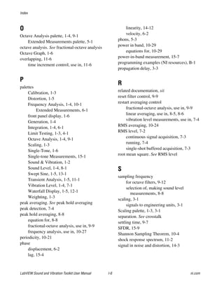 Index
LabVIEW Sound and Vibration Toolkit User Manual I-6 ni.com
O
Octave Analysis palette, 1-4, 9-1
Extended Measurements palette, 5-1
octave analysis. See fractional-octave analysis
Octave Graph, 1-6
overlapping, 11-6
time increment control, use in, 11-6
P
palettes
Calibration, 1-3
Distortion, 1-5
Frequency Analysis, 1-4, 10-1
Extended Measurements, 6-1
front panel display, 1-6
Generation, 1-4
Integration, 1-4, 6-1
Limit Testing, 1-3, 4-1
Octave Analysis, 1-4, 9-1
Scaling, 1-3
Single-Tone, 1-6
Single-tone Measurements, 15-1
Sound & Vibration, 1-2
Sound Level, 1-4, 8-1
Swept Sine, 1-5, 13-1
Transient Analysis, 1-5, 11-1
Vibration Level, 1-4, 7-1
Waterfall Display, 1-5, 12-1
Weighting, 1-3
peak averaging. See peak hold averaging
peak detection, 7-4
peak hold averaging, 8-8
equation for, 8-8
fractional-octave analysis, use in, 9-9
frequency analysis, use in, 10-27
periodicity, 10-21
phase
displacement, 6-2
lag, 15-4
linearity, 14-12
velocity, 6-2
phons, 5-3
power in band, 10-29
equations for, 10-29
power-in-band measurement, 15-7
programming examples (NI resources), B-1
propagation delay, 3-3
R
related documentation, xii
reset filter control, 9-9
restart averaging control
fractional-octave analysis, use in, 9-9
linear averaging, use in, 8-5, 8-6
vibration level measurements, use in, 7-4
RMS averaging, 10-24
RMS level, 7-2
continuous signal acquisition, 7-3
running, 7-4
single-shot buffered acquisition, 7-3
root mean square. See RMS level
S
sampling frequency
for octave filters, 9-12
selection of, making sound level
measurements, 8-8
scaling, 3-1
signals to engineering units, 3-1
Scaling palette, 1-3, 3-1
separation. See crosstalk
settling time, 9-7
SFDR, 15-9
Shannon Sampling Theorem, 10-4
shock response spectrum, 11-2
signal in noise and distortion, 14-3
 