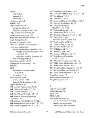 Index
© National Instruments Corporation I-7 LabVIEW Sound and Vibration Toolkit User Manual
signals
acquiring, 2-1
dynamic, 2-1
simulating, 2-1
simulating signals, 2-1
SINAD, 14-3
single integration, 6-1
computing velocity, 6-1
frequency response (figure), 6-9
single-channel measurements, 15-1
single-tone measurements, 15-1
Single-tone Measurements palette, 15-1
Single-Tone palette, 1-6
software (NI resources), B-1
sound and vibration analysis (figure), 1-2
sound level measurement
special considerations for making, 8-8
multiple measurements on the same
channel, 8-8
selecting a sampling frequency, 8-8
time averaging modes, 8-2
Sound Level palette, 1-4, 8-1
spurious free dynamic range, 15-9
SRS, 11-2
STFT
as function of rotational speed,
11-9, 11-10
versus time, 11-8
subset analysis, 10-11
criteria for use, 10-12
Discrete Zak Transform, 10-11
support, technical, B-1
SVL Calibrate Accelerometer VI, 3-3
SVL Calibrate Microphone VI, 3-3
SVL Calibrate Sensor VI, 3-3
SVL Close Waterfall Display VI, 12-6
SVL Initialize Waterfall Display for
Octave VI, 12-2
SVL Initialize Waterfall Display VI, 12-2
SVL Measure Propagation Delay VI, 3-3, 15-7
SVL Scale Voltage to EU VI, 3-1, 3-2
SVL Send Data to Waterfall VI, 12-2
SVT Convert to RPM (analog) VI, 11-9, 11-10
SVT Crest Factor VI, 7-5
SVT Crosstalk VI, 15-5
SVT Decimated Exp Avg Sound Level VI, 8-7
SVT Exp Avg Sound Level VI, 8-7
SVT Frequency Response
[Mag-Phase] VI, 10-18
SVT Gain and Phase VI, 15-4
SVT Idle Channel Noise VI, 15-7
SVT Integration (frequency) VI, 6-1, 6-11
SVT Integration VI, 6-1
frequency domain, use in, 6-11
SVT Leq Sound Level VI, 8-6
SVT Limit Testing VI, 1-3, 4-1
SVT Power in Band VI, 10-29
SVT RMS Level VI, 7-4
SVT Running Leq VI, 8-6
SVT Running RMS Level VI, 7-4
SVT Send Data to Waterfall for
Octave VI, 12-2
SVT Shock Response Spectrum VI, 11-2
SVT STFT versus RPM (analog) VI, 11-9
SVT STFT versus Time VI, 11-8
SVT Weighting Filter (frequency) VI, 5-13
SVT Weighting Filter (octave) VI, 5-12
SVT Zoom Power Spectrum VI, 10-10
Swept Sine palette, 1-5
swept-sine measurements, 13-1
Swept-Sine palette, 13-1
T
tach info control, 11-9
technical support, B-1
THD, 14-6
THD+N, 14-5
time averaging modes, 8-2
See also exponential averaging
See also linear averaging
See also peak hold averaging
 
