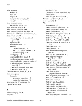 Index
LabVIEW Sound and Vibration Toolkit User Manual I-8 ni.com
time constants
Custom, 8-7
Fast, 8-7
Impulse, 8-7
in exponential averaging, 8-7
slow, 8-7
time increment control
overlapping, use in, 11-6
time segment control, 11-4
total harmonic distortion, 14-6
total harmonic distortion plus noise, 14-5
training and certification (NI resources), B-1
transient analysis, 11-1
converting pulse train to rotational
speed, 11-9
definition, 11-2
displaying results, 11-2
example
STFT versus time, 11-2
SVT STFT versus Time VI, 11-8
waterfall display, 12-3
overlapping, 11-6
selecting FFT block size, 11-5
shock response spectrum, use in, 1-5
short-time Fourier transform, use in, 1-5
STFT as function of rotational
speed, 11-10
STFT versus rotational speed, 11-9
STFT versus RPM, 11-10
Transient Analysis palette, 1-5, 11-1
transient response
integration
continuous acquisition, 6-8
single-shot acquisition, 6-6
troubleshooting (NI resources), B-1
Type 1-D filter, 9-11
V
vector averaging, 10-25
velocity
amplitude of, 6-2
computing by single integration, 6-1
phase of, 6-2
relationship to displacement, 6-1
Vibration Level palette, 1-4, 7-1
view control, 10-15
VIs
Limit Testing, 1-3
SVL Calibrate Accelerometer, 3-3
SVL Calibrate Microphone, 3-3
SVL Calibrate Sensor, 3-3
SVL Measure Propagation Delay, 15-7
SVL Propagation Delay, 3-3
SVL Scale Voltage to EU, 3-1, 3-2
SVT Close Waterfall Display, 12-6
SVT Convert to RPM (analog), 11-9,
11-10
SVT Crest Factor, 7-5
SVT Crosstalk, 15-5
SVT Decimated Exp Avg Sound
Level, 8-7
SVT Exp Avg Sound Level, 8-7
SVT Frequency Response
[Mag-Phase], 10-18
SVT Gain and Phase, 15-4
SVT Idle Channel Noise, 15-7
SVT Initialize Waterfall Display, 12-2
SVT Initialize Waterfall Display for
Octave, 12-2
SVT Integration, 6-1
frequency domain, use in, 6-11
SVT Integration (frequency), 6-1, 6-11
SVT Leq Sound Level, 8-6
SVT Limit Testing, 4-1
SVT Power in Band, 10-29
SVT Running Leq, 8-6
SVT Running RMS Level, 7-4
SVT Send Data to Waterfall, 12-2
SVT Send Data to Waterfall for
Octave, 12-2
SVT Shock Response Spectrum, 11-2
 