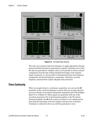 Chapter 2 Dynamic Signals
LabVIEW Sound and Vibration Toolkit User Manual 2-4 ni.com
Figure 2-2. Simulated Data Aliasing
The only way to protect data from aliasing is to apply appropriate aliasing
protection before the data are generated or acquired. Aliasing occurs when
the data are generated or sampled, and it is not possible to remove aliased
components from the data without detailed knowledge of the original
signal. In general, it is not possible to distinguish between true frequency
components and aliased frequency components. Therefore, accurate
frequency measurements require adequate alias protection.
Time Continuity
When you acquire data in a continuous acquisition, you can use the t0
parameter in the waveform datatype to ensure there are no gaps between
successive blocks of waveforms returned by sequential calls to the DAQmx
Read VI or AI Read VI. When signals are generated with one of the
waveform generation VIs in the Generation palette or the Waveform
Generation palette, the t0 of the current waveform is one sample period
later than the timestamp of the last sample in the previous waveform.
Continuity is enforced in this way until the generation is reset.
 