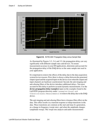 Chapter 3 Scaling and Calibration
LabVIEW Sound and Vibration Toolkit User Manual 3-6 ni.com
Figure 3-5. NI PXI-4461 Propagation Delay versus Sample Rate
As illustrated by Figures 3-3, 3-4, and 3-5, the propagation delay can vary
significantly with different sample rates and devices. To ensure
measurement accuracy in your I/O applications, determine and account for
the propagation delay of the DAQ device at the same sample rate used in
your application.
It is important to remove the effects of the delay due to the data acquisition
system for two reasons. First, there is always a delay between the generated
output signal and the acquired input on the device even when the output and
input channels are hardware synchronized. Second, the anti-imaging and
anti-aliasing filters of the device introduce additional delays. You must
account for this delay to perform accurate dynamic measurements. Use the
device propagation delay [samples] input on the examples found in the
LabVIEW program directory under examplesSound and
VibrationAudio Measurements to remove the delay due to the DAQ
device.
The anti-imaging and anti-aliasing filters have a lowpass filter effect on the
data. This effect results in a transient response at sharp transitions in the
data. These transitions are common at the start and stop of a generation,
at a change in frequency (swept sine), and when the amplitude changes
(amplitude sweep). The swept-sine analysis and audio measurements
 