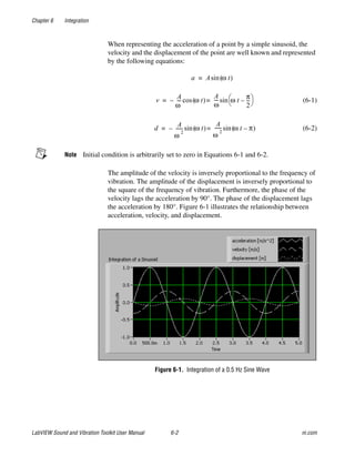 Chapter 6 Integration
LabVIEW Sound and Vibration Toolkit User Manual 6-2 ni.com
When representing the acceleration of a point by a simple sinusoid, the
velocity and the displacement of the point are well known and represented
by the following equations:
(6-1)
(6-2)
Note Initial condition is arbitrarily set to zero in Equations 6-1 and 6-2.
The amplitude of the velocity is inversely proportional to the frequency of
vibration. The amplitude of the displacement is inversely proportional to
the square of the frequency of vibration. Furthermore, the phase of the
velocity lags the acceleration by 90°. The phase of the displacement lags
the acceleration by 180°. Figure 6-1 illustrates the relationship between
acceleration, velocity, and displacement.
Figure 6-1. Integration of a 0.5 Hz Sine Wave
a A ω t( )sin=
v
A
ω
----– ω t( )cos
A
ω
---- ω t
π
2
---–
 
 sin= =
d
A
ω
2
------– ω t( )sin
A
ω
2
------ ω t π–( )sin= =
 