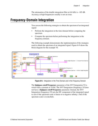 Chapter 6 Integration
© National Instruments Corporation 6-11 LabVIEW Sound and Vibration Toolkit User Manual
The attenuation of the double integration filter at 6.6 kHz is –185 dB.
Accuracy at high frequencies usually is not an issue.
Frequency-Domain Integration
You can use the following strategies to obtain the spectrum of an integrated
signal:
• Perform the integration in the time domain before computing the
spectrum.
• Compute the spectrum before performing the integration in the
frequency domain.
The following example demonstrates the implementation of the strategies
used to obtain the spectrum of an integrated signal. Figure 6-9 shows the
block diagram for the example VI.
Figure 6-9. Integration in the Time Domain and in the Frequency Domain
The highpass cutoff frequency parameter of the SVT Integration VI is
wired with a constant of 10 Hz. The SVT Integration (frequency) VI does
not have a highpass cutoff frequency parameter. Instead, the SVT
Integration (frequency) VI sets the DC component of the integrated signal
to zero if the spectrum scale is linear or to negative infinity (–Inf) if the
spectrum scale is in decibels.
 