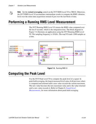 Chapter 7 Vibration-Level Measurements
LabVIEW Sound and Vibration Toolkit User Manual 7-4 ni.com
Note Set the restart averaging control on the SVT RMS Level VI to TRUE. Otherwise,
the SVT RMS Level VI accumulates intermediate results to compute the RMS vibration
level over the entire data acquisition instead of just over the last block of data.
Performing a Running RMS Level Measurement
The SVT Running RMS Level VI returns the RMS value computed over
the last N seconds, which is the integration time. The block diagram in
Figure 7-4 illustrates an application using the SVT Running RMS Level
VI. The sampling frequency is 10 kS/s. The read VI reads 1,000 samples at
a time.
Figure 7-4. Running RMS VI
Computing the Peak Level
Use the SVT Peak Level VI to compute the peak level of a signal. In
peak-hold averaging, the largest measured level value of all previous values
is computed and returned until a new value exceeds the current maximum.
The new value becomes the new maximum value and is the value returned
until a new value exceeds it. Refer to Chapter 8, Sound-Level
Measurements, for more information about peak-hold averaging.
 