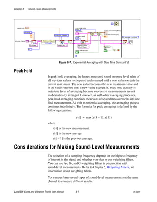 Chapter 8 Sound-Level Measurements
LabVIEW Sound and Vibration Toolkit User Manual 8-8 ni.com
Figure 8-7. Exponential Averaging with Slow Time Constant VI
Peak Hold
In peak-hold averaging, the largest measured sound pressure level value of
all previous values is computed and returned until a new value exceeds the
current maximum. The new value becomes the new maximum value and
is the value returned until a new value exceeds it. Peak hold actually is
not a true form of averaging because successive measurements are not
mathematically averaged. However, as with other averaging processes,
peak-hold averaging combines the results of several measurements into one
final measurement. As with exponential averaging, the averaging process
continues indefinitely. The formula for peak averaging is defined by the
following equation.
where
x[k] is the new measurement.
y[k] is the new average.
y[k – 1] is the previous average.
Considerations for Making Sound-Level Measurements
The selection of a sampling frequency depends on the highest frequency
of interest in the signal and whether you plan to use weighting filters.
You can use A-, B-, and C-weighting filters in conjunction with
sound-level measurements. Refer to Chapter 5, Weighting Filters, for
information about weighting filters.
You can perform several types of sound-level measurements on the same
channel to compare different results.
y k[ ] max y k 1–[ ], x k[ ]( )=
 