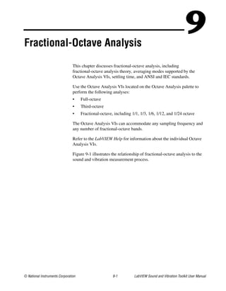 © National Instruments Corporation 9-1 LabVIEW Sound and Vibration Toolkit User Manual
9Fractional-Octave Analysis
This chapter discusses fractional-octave analysis, including
fractional-octave analysis theory, averaging modes supported by the
Octave Analysis VIs, settling time, and ANSI and IEC standards.
Use the Octave Analysis VIs located on the Octave Analysis palette to
perform the following analyses:
• Full-octave
• Third-octave
• Fractional-octave, including 1/1, 1/3, 1/6, 1/12, and 1/24 octave
The Octave Analysis VIs can accommodate any sampling frequency and
any number of fractional-octave bands.
Refer to the LabVIEW Help for information about the individual Octave
Analysis VIs.
Figure 9-1 illustrates the relationship of fractional-octave analysis to the
sound and vibration measurement process.
 