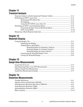 Contents
© National Instruments Corporation ix LabVIEW Sound and Vibration Toolkit User Manual
Chapter 11
Transient Analysis
Transient Analysis with the Sound and Vibration Toolkit ............................................11-2
Performing an STFT versus Time .................................................................................11-2
Selecting the FFT Block Size..........................................................................11-5
Overlapping .....................................................................................................11-6
Using the SVT STFT versus Time VI.............................................................11-8
Performing an STFT versus Rotational Speed ..............................................................11-9
Converting the Pulse Train to Rotational Speed .............................................11-9
STFT versus RPM...........................................................................................11-10
Measuring a Shock Response Spectrum........................................................................11-12
Chapter 12
Waterfall Display
Using the Display VIs....................................................................................................12-1
Initializing the Display ....................................................................................12-2
Sending Data to the Display............................................................................12-2
Waterfall Display for Frequency Analysis........................................12-3
Waterfall Display for Transient Analysis .........................................12-3
Waterfall Display for Octave Spectra ...............................................12-5
Customizing the Waterfall Display View........................................................12-6
Closing the Waterfall Display .........................................................................12-6
Chapter 13
Swept-Sine Measurements
Swept Sine Overview.....................................................................................................13-3
Choosing Swept-Sine versus FFT Measurements .........................................................13-4
Taking a Swept Sine Measurement ...............................................................................13-6
Swept Sine Measurement Example ...............................................................................13-7
Chapter 14
Distortion Measurements
Variable Definitions.......................................................................................................14-1
Signal in Noise and Distortion (SINAD).......................................................................14-3
Total Harmonic Distortion Plus Noise (THD+N)..........................................................14-5
Total Harmonic Distortion (THD).................................................................................14-6
Intermodulation Distortion (IMD).................................................................................14-9
Phase Linearity ..............................................................................................................14-12
 
