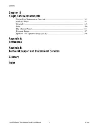 Contents
LabVIEW Sound and Vibration Toolkit User Manual x ni.com
Chapter 15
Single-Tone Measurements
Single-Tone Measurement Overview............................................................................ 15-1
Gain and Phase .............................................................................................................. 15-4
Crosstalk........................................................................................................................ 15-5
Gain ............................................................................................................................... 15-6
Idle-Channel Noise........................................................................................................ 15-7
Dynamic Range ............................................................................................................. 15-7
Spurious Free Dynamic Range (SFDR) ........................................................................ 15-9
Appendix A
References
Appendix B
Technical Support and Professional Services
Glossary
Index
 