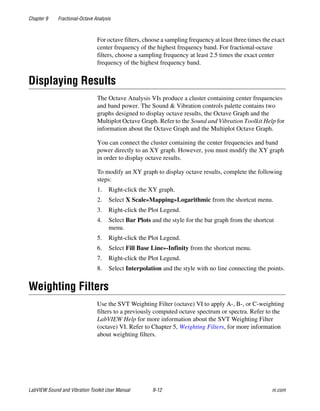 Chapter 9 Fractional-Octave Analysis
LabVIEW Sound and Vibration Toolkit User Manual 9-12 ni.com
For octave filters, choose a sampling frequency at least three times the exact
center frequency of the highest frequency band. For fractional-octave
filters, choose a sampling frequency at least 2.5 times the exact center
frequency of the highest frequency band.
Displaying Results
The Octave Analysis VIs produce a cluster containing center frequencies
and band power. The Sound & Vibration controls palette contains two
graphs designed to display octave results, the Octave Graph and the
Multiplot Octave Graph. Refer to the Sound and Vibration Toolkit Help for
information about the Octave Graph and the Multiplot Octave Graph.
You can connect the cluster containing the center frequencies and band
power directly to an XY graph. However, you must modify the XY graph
in order to display octave results.
To modify an XY graph to display octave results, complete the following
steps:
1. Right-click the XY graph.
2. Select X Scale»Mapping»Logarithmic from the shortcut menu.
3. Right-click the Plot Legend.
4. Select Bar Plots and the style for the bar graph from the shortcut
menu.
5. Right-click the Plot Legend.
6. Select Fill Base Line»-Infinity from the shortcut menu.
7. Right-click the Plot Legend.
8. Select Interpolation and the style with no line connecting the points.
Weighting Filters
Use the SVT Weighting Filter (octave) VI to apply A-, B-, or C-weighting
filters to a previously computed octave spectrum or spectra. Refer to the
LabVIEW Help for more information about the SVT Weighting Filter
(octave) VI. Refer to Chapter 5, Weighting Filters, for more information
about weighting filters.
 