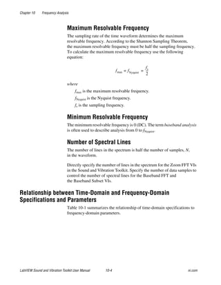 Chapter 10 Frequency Analysis
LabVIEW Sound and Vibration Toolkit User Manual 10-4 ni.com
Maximum Resolvable Frequency
The sampling rate of the time waveform determines the maximum
resolvable frequency. According to the Shannon Sampling Theorem,
the maximum resolvable frequency must be half the sampling frequency.
To calculate the maximum resolvable frequency use the following
equation:
where
fmax is the maximum resolvable frequency.
fNyquist is the Nyquist frequency.
fs is the sampling frequency.
Minimum Resolvable Frequency
The minimum resolvable frequency is 0 (DC). The term baseband analysis
is often used to describe analysis from 0 to fNyquist.
Number of Spectral Lines
The number of lines in the spectrum is half the number of samples, N,
in the waveform.
Directly specify the number of lines in the spectrum for the Zoom FFT VIs
in the Sound and Vibration Toolkit. Specify the number of data samples to
control the number of spectral lines for the Baseband FFT and
the Baseband Subset VIs.
Relationship between Time-Domain and Frequency-Domain
Specifications and Parameters
Table 10-1 summarizes the relationship of time-domain specifications to
frequency-domain parameters.
fmax f= Nyquist
fs
2
---=
 