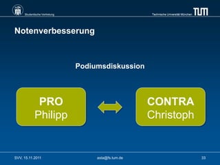 Studentische Vertretung                         Technische Universität München




Notenverbesserung



                               Podiumsdiskussion




             PRO                                     CONTRA
            Philipp                                  Christoph


SVV, 15.11.2011                     asta@fs.tum.de                                    33
 