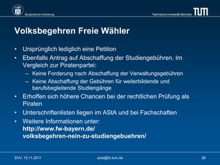Studentische Vertretung                        Technische Universität München




Volksbegehren Freie Wähler

• Ursprünglich lediglich eine Petition
• Ebenfalls Antrag auf Abschaffung der Studiengebühren. Im
  Vergleich zur Piratenpartei:
      – Keine Forderung nach Abschaffung der Verwaltungsgebühren
      – Keine Abschaffung der Gebühren für weiterbildende und
        berufsbegleitende Studiengänge
• Erhoffen sich höhere Chancen bei der rechtlichen Prüfung als
  Piraten
• Unterschriftenlisten liegen im AStA und bei Fachschaften
• Weitere Informationen unter:
  http://www.fw-bayern.de/
  volksbegehren-nein-zu-studiengebuehren/


SVV, 15.11.2011                 asta@fs.tum.de                                       38
 