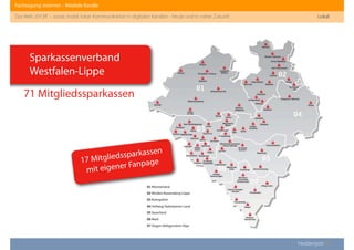 Fachtagung: Internet – Mediale Kanäle
Das Web 2013ﬀ. – sozial, mobil, lokal: Kommunikation in digitalen Kanälen - heute und in naher Zukunft
Heddergott //
Lokal
71 Mitgliedssparkassen
Sparkassenverband
Westfalen-Lippe
17 Mitgliedssparkassen
mit eigener Fanpage
 