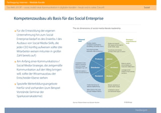 Fachtagung: Internet – Mediale Kanäle
Das Web 2013ﬀ. – sozial, mobil, lokal: Kommunikation in digitalen Kanälen - heute und in naher Zukunft
Heddergott //
Kompetenzausbau als Basis für das Social Enterprise
© McKinsey
Sozial
‣Für die Entwicklung der eigenen
Unternehmung hin zum Social
Enterprise bedarf es des Erwerbs / des
Ausbaus von Social Media-Skills, die
jeder CEO künftig aufweisen sollte (die
Mitarbeiter weisen mitunter in großer
Zahl bereits auf)
‣Am Anfang einer Kommunikations-/
Social Media-Strategie, die zeitgemäße
Kommunikation auf den Weg bringen
will, sollte der Wissensausbau der
Entscheider-Ebene stehen
‣Spezielle Weiterbildungsangebote
hierfür sind vorhanden (zum Beispiel
Vorstände-Seminar der
Sparkassenakademie)
 