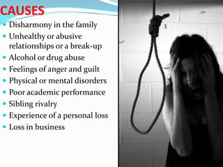 CAUSES
 Disharmony in the family
 Unhealthy or abusive
    relationships or a break-up
   Alcohol or drug abuse
   Feelings of anger and guilt
   Physical or mental disorders
   Poor academic performance
   Sibling rivalry
   Experience of a personal loss
   Loss in business
 