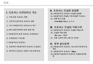 목차 프로세스 프레임워크 개요 1.  국제 표준 프로세스 현황 2.  선진국의 발주관리 프로세스 현황 3.  국내  SW 발주관리 프로세스의 역사 4. SW 사업관리감독에 관한 일반기준 5. SW 발주관리 표준 프로세스 프레임워크 6.  프레임워크 구성내용 7. SW 발주관리 프로세스 8.  공공부문  SW 발주관리 프로세스 도입효과  9.  발주관리 프로세스 관점의 사업 유형 정의 II.  프로세스 컨설팅 방법론 10. SW 발주관리 프로세스 컨설팅 방법론 11.  SW 발주관리 컨설팅 수행 방법론 구성요소 12.  현황 분석 모델 - Consulting Step 1, 2, 3, 4 III.  프로세스 컨설팅 적용사례 13. SW 발주관리 프로세스 컨설팅 적용사례  14.  컨설팅 적용 방향 - The Case : XX 부  15.  적용 사례에 대한 교훈 및 개선점 IV .  향후 발전방향 16.  SW 발주관리 프로세스 개선사업 추진체계 및 목표 17. SW 발주관리 프로세스  Village 18. SW 공학기술센터의 프로세스 컨설팅 발전방향 